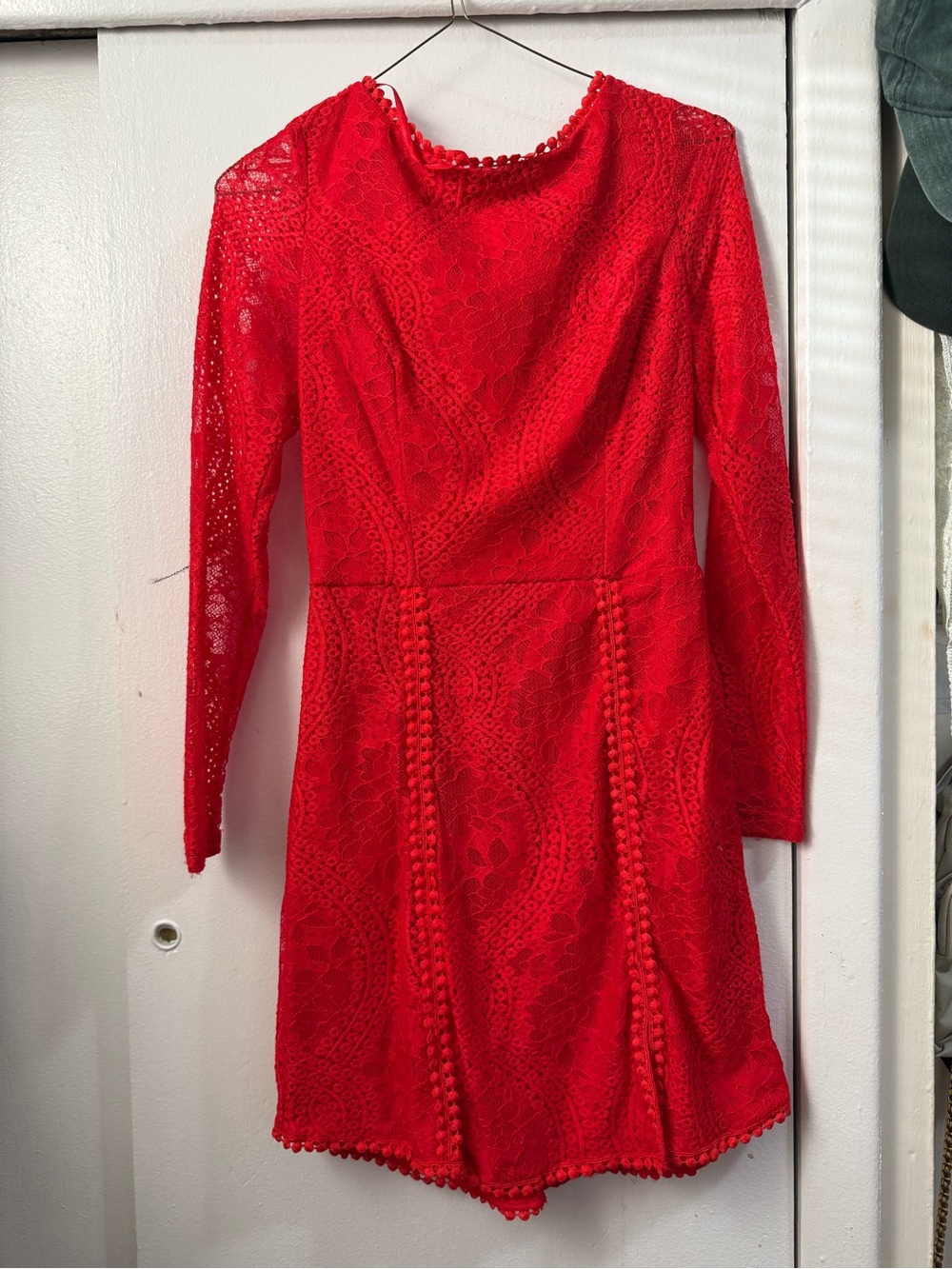 Selfie Leslie Red Lace Midi Dress with Pom Trim